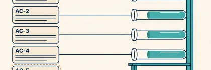 Five cards labelled AC-1 to AC-5; the first four are wired to test tubes, while AC-5 has only a dashed line leading to an empty slot