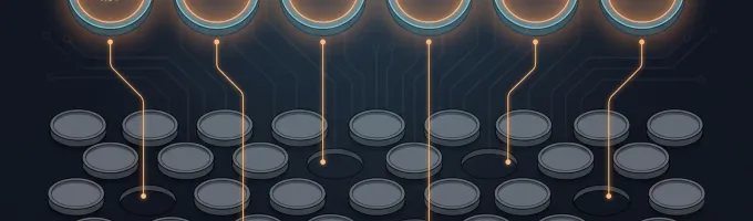 A wide field of pale identical tokens with six of them lifted out and set apart, brighter and larger than the rest