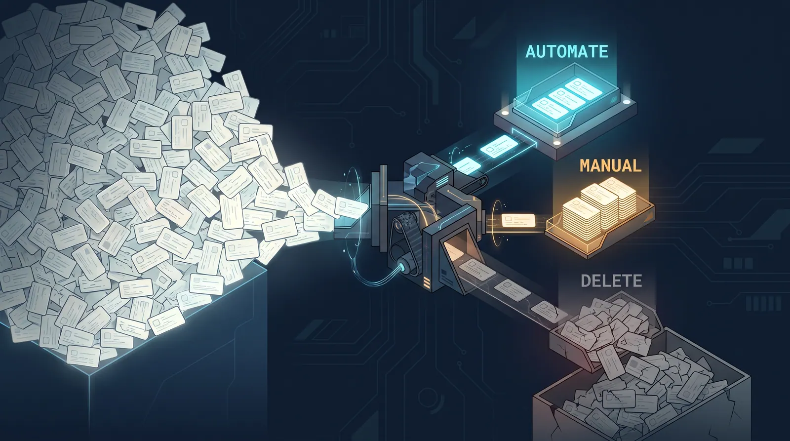 A sorting table where a large pile of candidate test cases splits into a small automated stack, a manual stack, and a discard pile