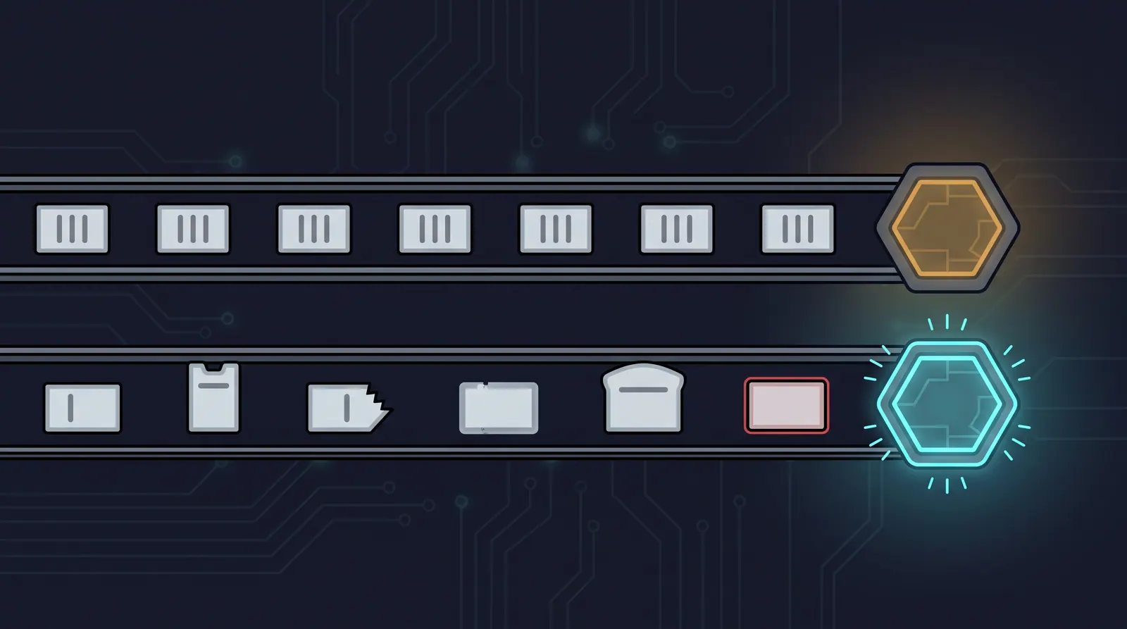 A row of nearly identical data cards feeding one test, beside a shorter row of visibly different cards feeding the same test