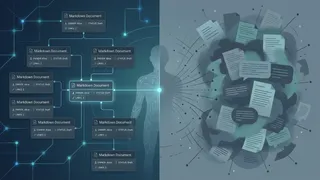 Structured knowledge graph of Markdown files with YAML metadata connected to an AI agent, contrasted with scattered vector search fragments