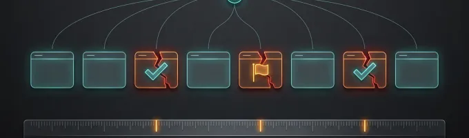 Eight browser cards wired to one decision node; three are cracked and two carry wrong check marks, while a ruler below marks all three cracks