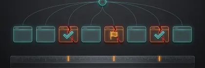 Eight browser cards wired to one decision node; three are cracked and two carry wrong check marks, while a ruler below marks all three cracks