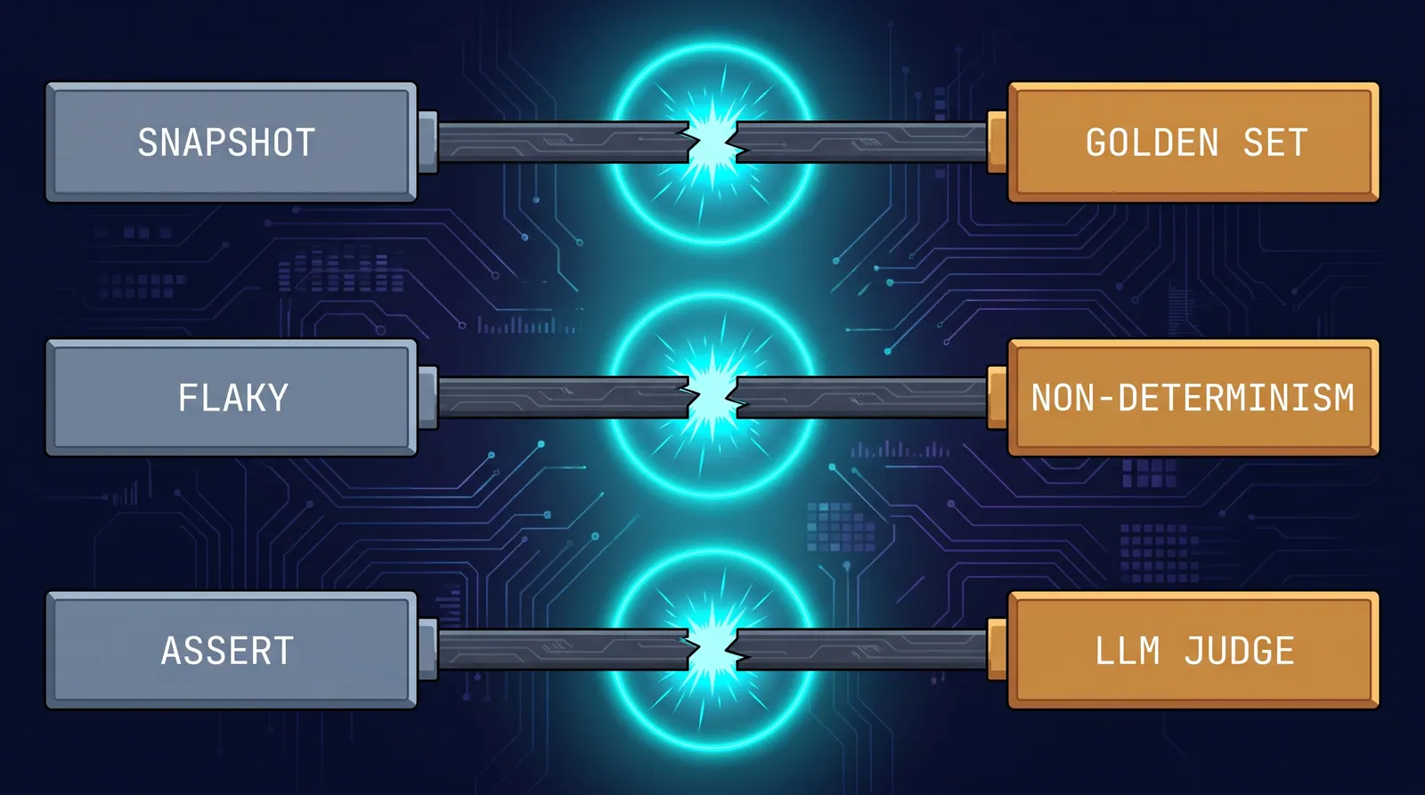 Three rows pairing a QA term with its eval counterpart, every connector between them snapped in the middle with a spark