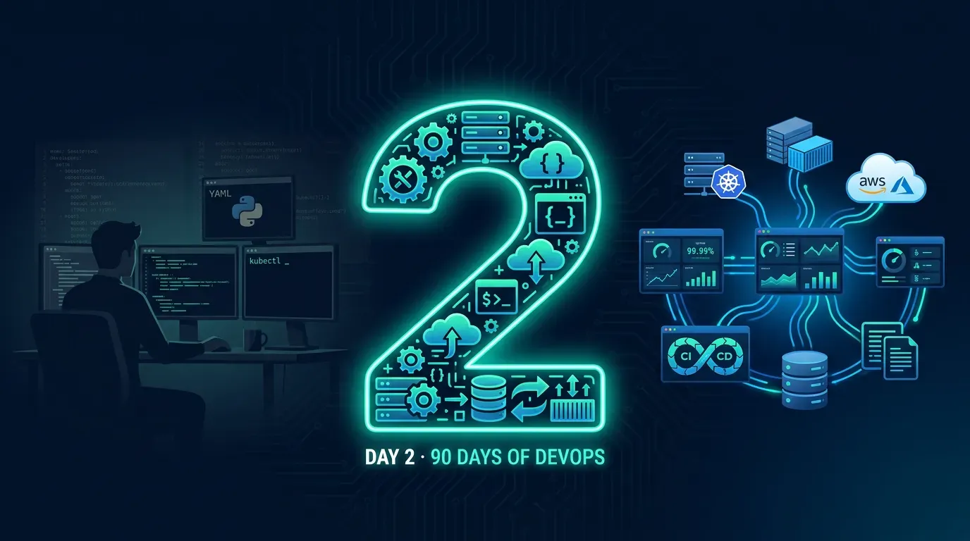 Day 2 of 90 Days of DevOps — DevOps engineer responsibilities illustrated with pipeline icons and infrastructure diagrams