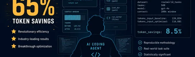Benchmark chart comparing advertised 65 percent token savings against measured 8.5 percent on AI agent tasks