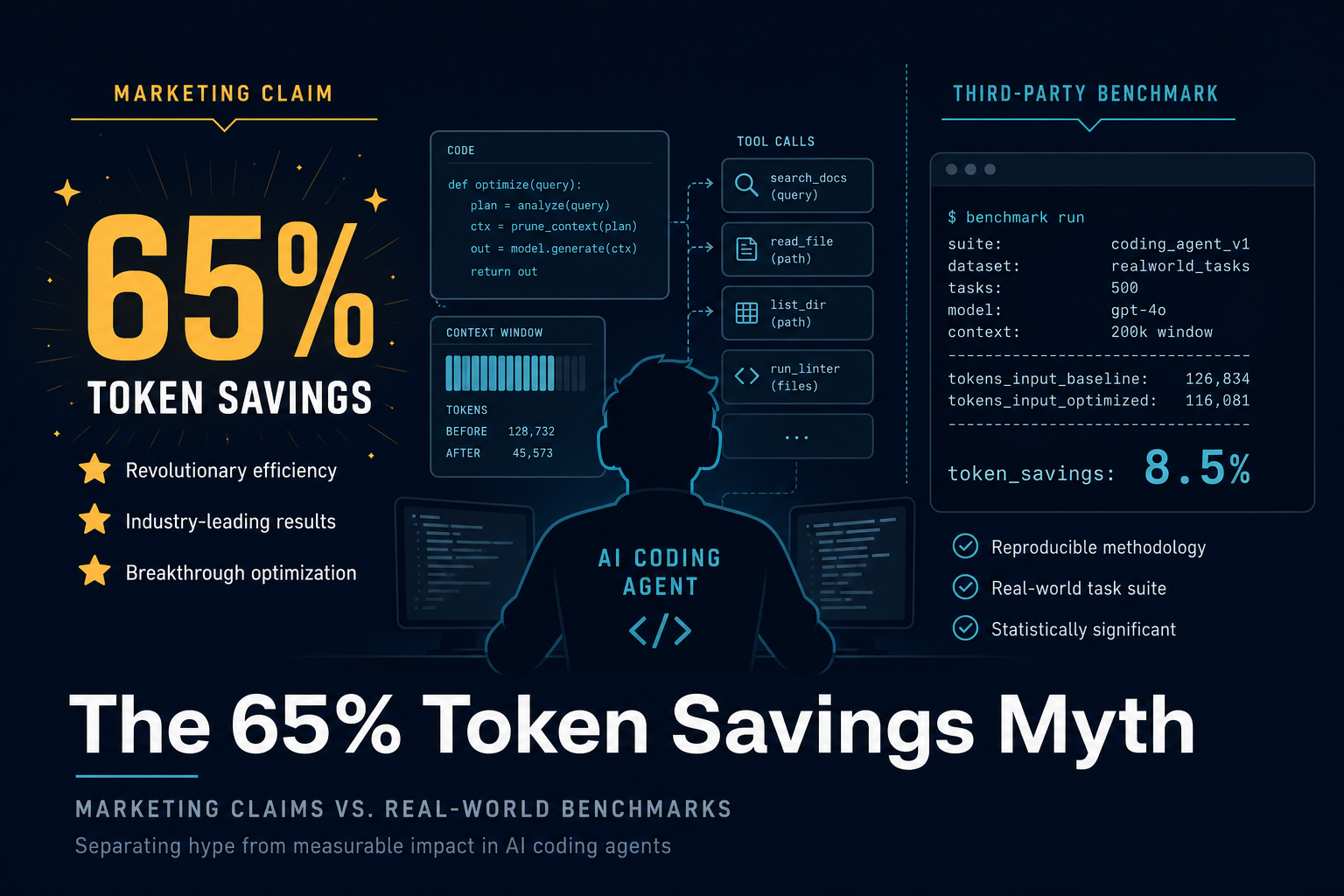 Benchmark chart comparing advertised 65 percent token savings against measured 8.5 percent on AI agent tasks