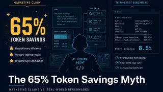 Benchmark chart comparing advertised 65 percent token savings against measured 8.5 percent on AI agent tasks