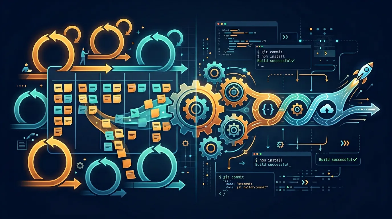 Abstract illustration contrasting agile iteration with automated delivery pipelines on a dark background