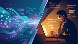 Illustration of a developer reviewing code beside abstract AI-generated code patterns, symbolizing human judgment in the age of AI programming