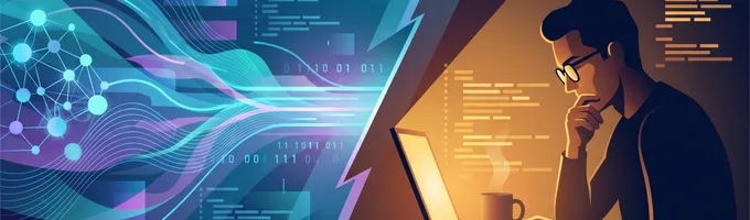 Illustration of a developer reviewing code beside abstract AI-generated code patterns, symbolizing human judgment in the age of AI programming