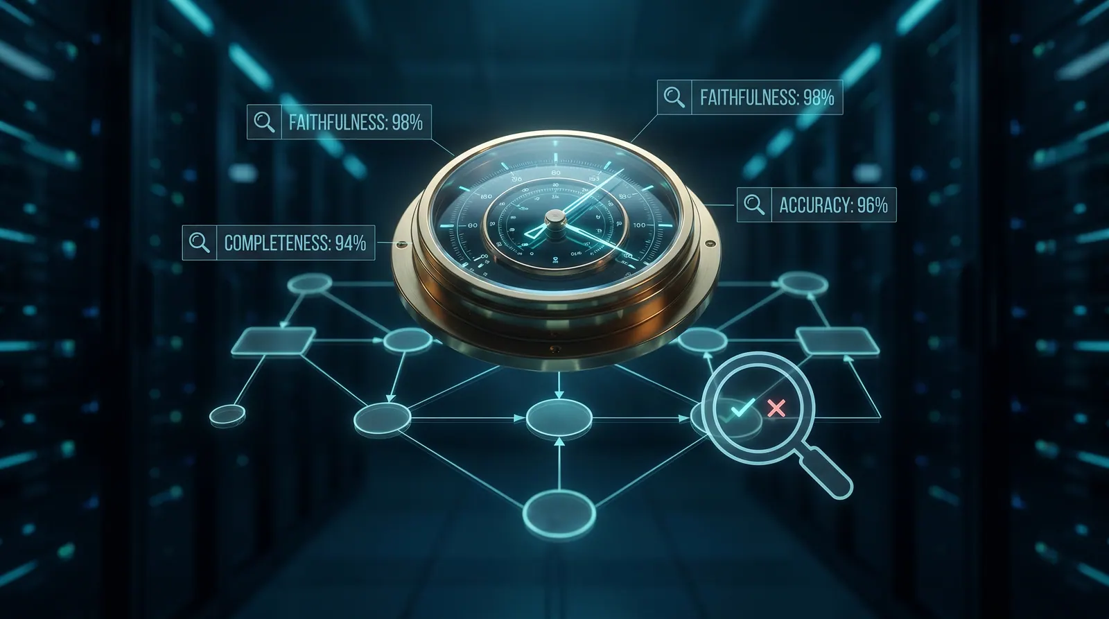 Abstract visualization of AI agent evaluation metrics and truth-mechanism instrumentation
