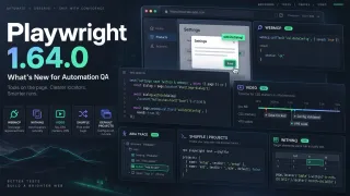 Playwright 1.64.0 dark dashboard hero with WebMCP, within(), video, shuffle, and default projects panels