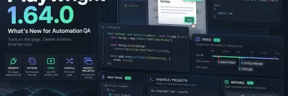 Playwright 1.64.0 dark dashboard hero with WebMCP, within(), video, shuffle, and default projects panels