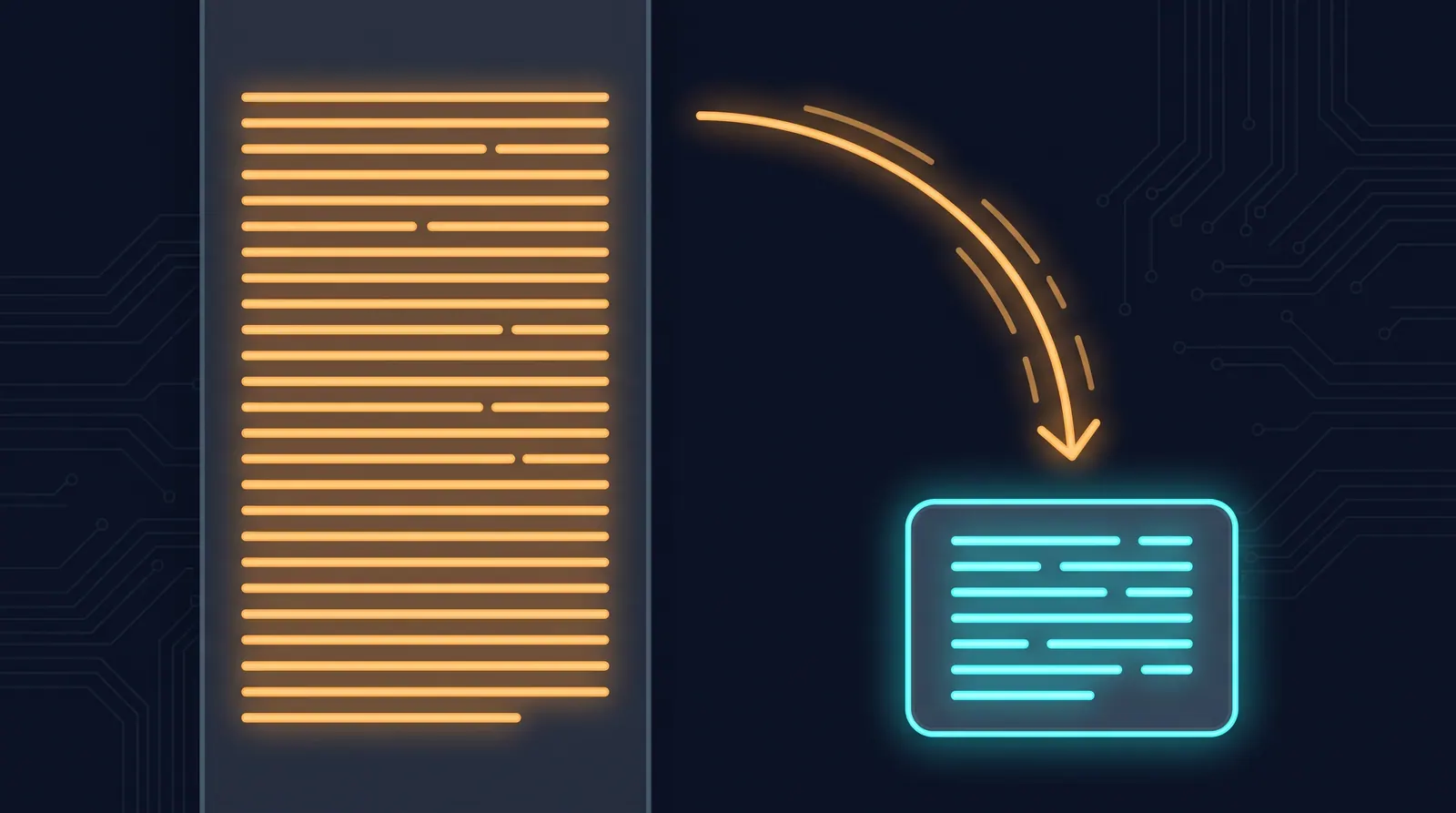 A long dense block of prose on the left beside a much shorter block of code on the right, sized to show the prose is bigger