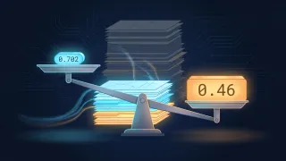 A tilted balance weighing a small verifier score against a much heavier coverage figure, with over half the documents greyed out behind it