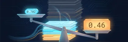 A tilted balance weighing a small verifier score against a much heavier coverage figure, with over half the documents greyed out behind it