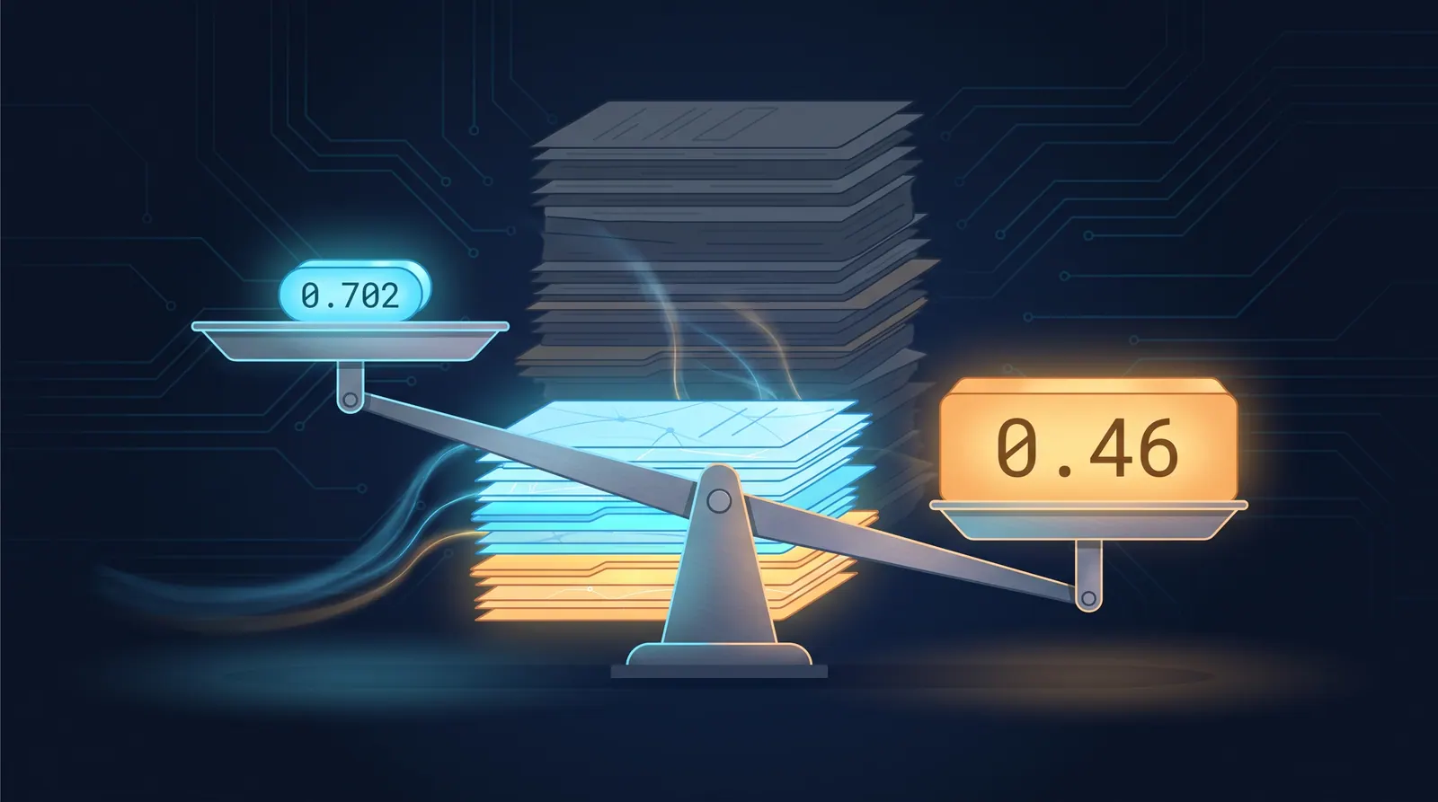 A tilted balance weighing a small verifier score against a much heavier coverage figure, with over half the documents greyed out behind it