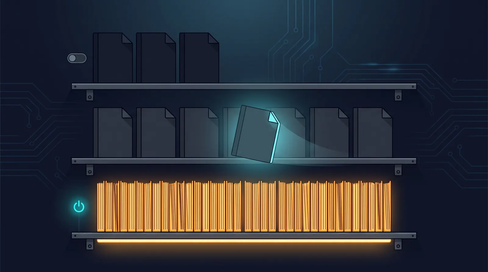 Three shelves of documents at different heights, the lowest permanently lit and the upper two dark until reached for
