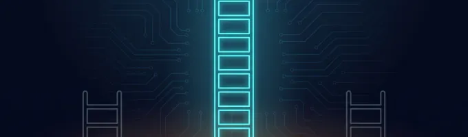 Three separate labelled ladders where capability and reach stay short while autonomy towers over both under a warning sign