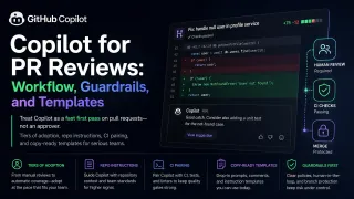 Abstract editorial hero: charcoal code-diff columns with green syntax hints and violet suggestion blocks, suggesting AI-assisted pull request review