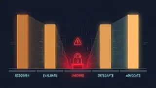 Five labelled funnel stages as bars, with the onboarding bar collapsed to a padlocked red stub under a warning sign