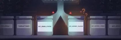 A user query splitting into two beams that land on two similarly named tool jars on a shelf of near-identical neighbours, with warning marks at the fork