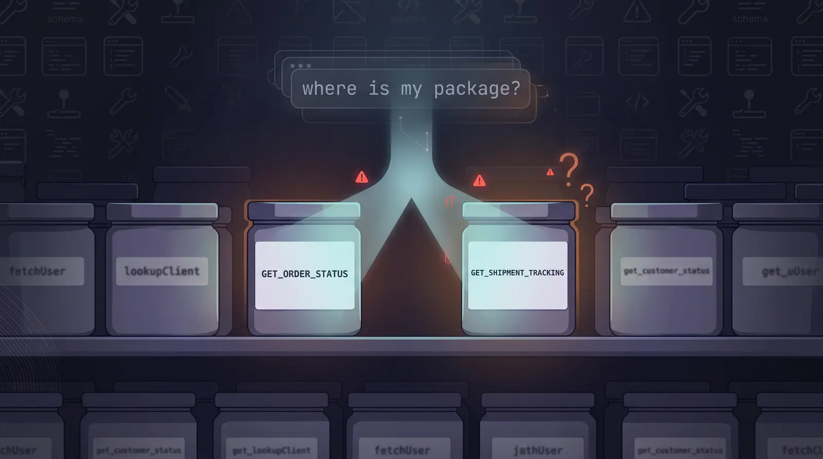 A user query splitting into two beams that land on two similarly named tool jars on a shelf of near-identical neighbours, with warning marks at the fork
