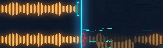 Two audio streams meeting at a boundary line, one halted cleanly at the boundary and one continuing past it out of step
