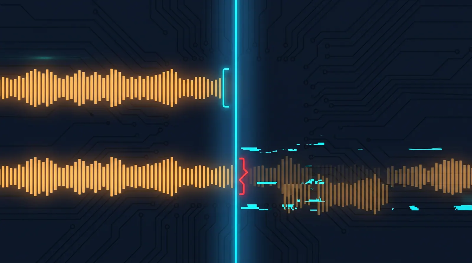 Two audio streams meeting at a boundary line, one halted cleanly at the boundary and one continuing past it out of step