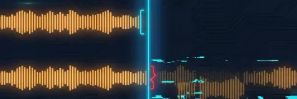 Two audio streams meeting at a boundary line, one halted cleanly at the boundary and one continuing past it out of step