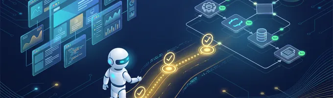 Autonomous QA agent walking a glowing verification path from code and UI windows to a checked flowchart diagram