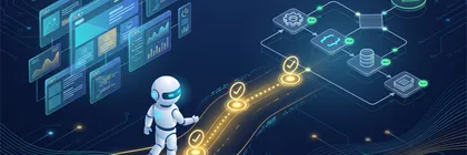 Autonomous QA agent walking a glowing verification path from code and UI windows to a checked flowchart diagram