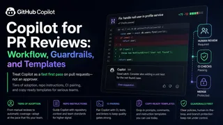 Abstract editorial hero: charcoal code-diff columns with green syntax hints and violet suggestion blocks, suggesting AI-assisted pull request review