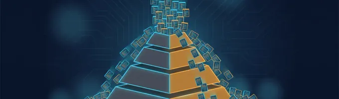 A test pyramid holding its shape under a torrent of generated code that spills off both sides and piles up at its base