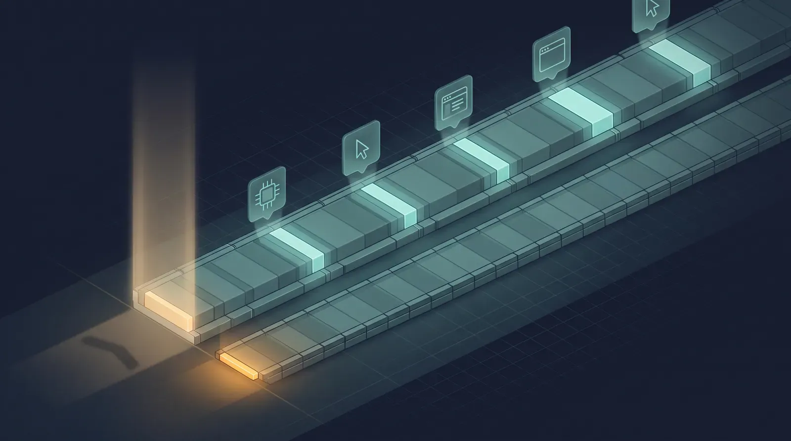 Two timeline tracks starting from the same gate: a long teal one made mostly of idle segments with occasional tool calls, and a tiny amber one that ends almost immediately