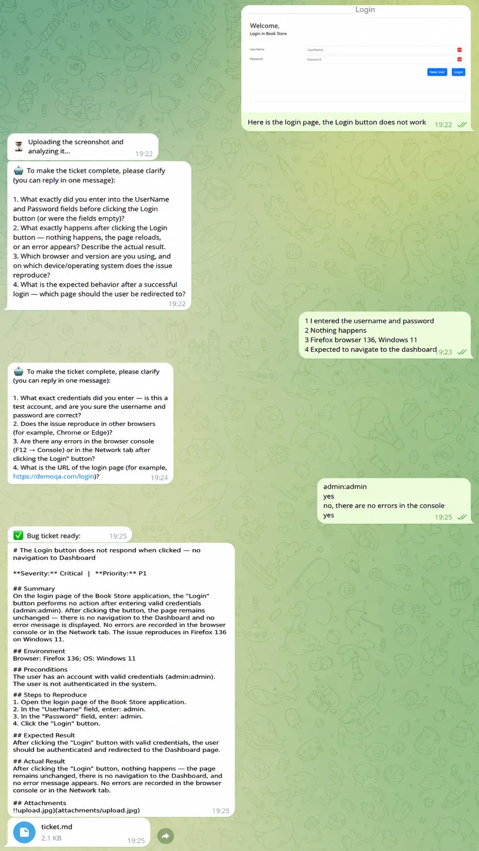 The bot conversation in Telegram